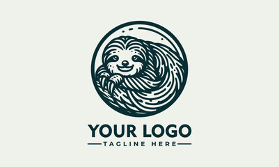 Charming Line Art Illustration of a Smiling Sloth Hanging from a Branch within a Circular Frame. Animal Illustration Concept.