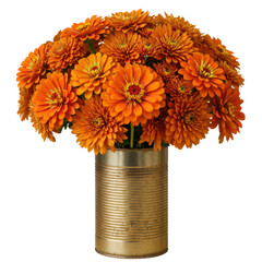 Vibrant orange zinnias in a rustic tin can against a stark black backdrop, a simple yet elegant display