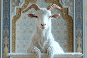 Majestic white goat in an ornate interior setting.