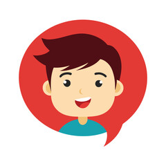 Cheerful cartoon boy inside a speech bubble smiling illustrating communication and sharing ideas