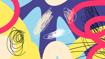 Abstract shapes with colorful modern art. Graffiti scribble pattern background, fun theme, playful. Artistic doodles vector illustration. Contemporary art for fabric and print