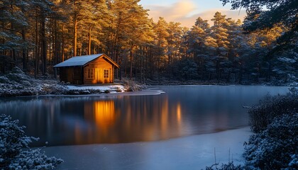 Fototapeta premium Golden winter cabin reflecting on a frozen lake.