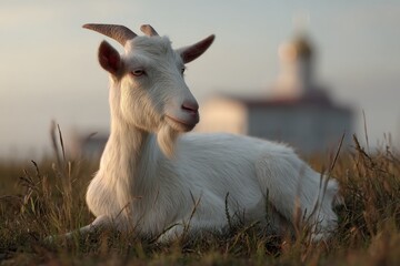 Obraz premium A serene white goat resting in grassy field, a building in the background.