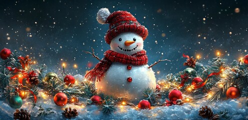 Obraz premium Festive snowman amidst winter decorations