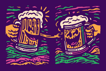 Cheerful Illustration of Two Beer Mugs Toasting in Vibrant Colors