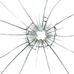 Obraz premium Shattered glass hole with cracks radiating outward, against a solid black backdrop