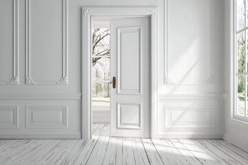 Fototapeta premium Interior view of an open white door in a bright room with wainscoting and a view to the outside from a low angle