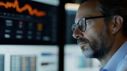 Focused Man Analyzing Financial Data and Stock Market Trends