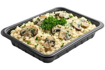 Risotto with Mushrooms, Creamy mushroom risotto garnished with parsley and Parmesan, neatly arranged in a black plastic rectangular parcel box isolated on transparent background