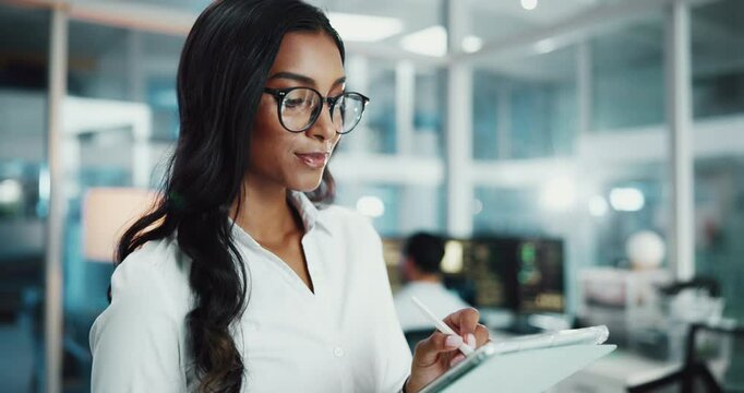 Tablet, thinking and businesswoman in office with planning, research or brainstorming for UX interface. Decision, digital technology and female frontend developer with creative design at IT startup.