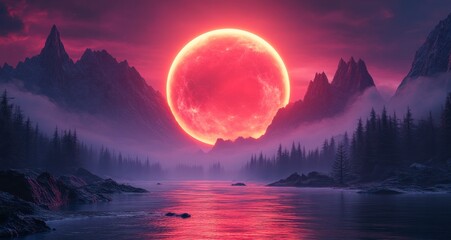 Fiery orb rises over the misty landscape