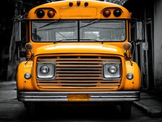 Front View of a Classic Yellow School Bus on a Street in an Urban Setting with Selective Color