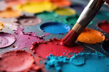 Obraz premium Close-up of vibrant paint colors mixing on a palette, showcasing texture and rich hues , closeup, art supplies, vibrant
