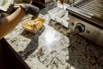 A talented chef skillfully prepares a delightful dish in a modern contemporary kitchen with stylish decor