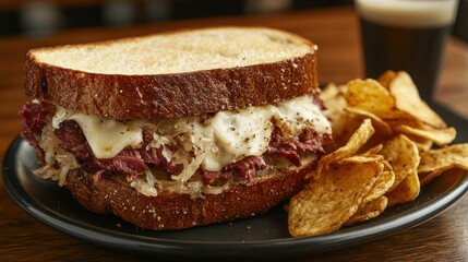 Pastrami on Rye Sandwich with Melted Cheese and Sauerkraut