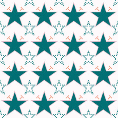 Star pattern seamless with hand-made geometric small dot in star shape of green and orange on white background with cute concept. Green stars background for wrapping, print, texture, wallpaper.
