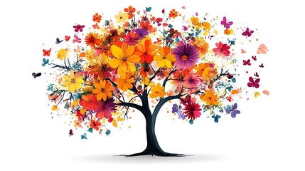 Vibrant tree with colorful flowers on a white background, symbolizing growth and creativity