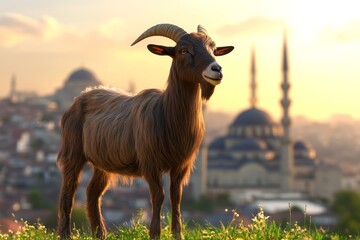 Fototapeta premium Goat stands proud against a cityscape backdrop.