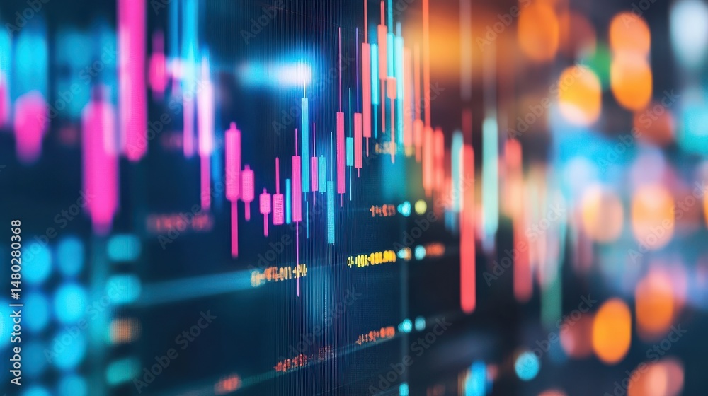 Poster colorful stock market graph with candlestick patterns and data points