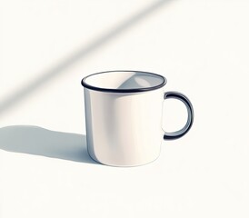 Obraz premium White enamel mug with black rim and handle, cast in sunlight