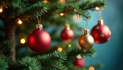 Festive Christmas ornaments hanging on a decorated tree , bow, glitter