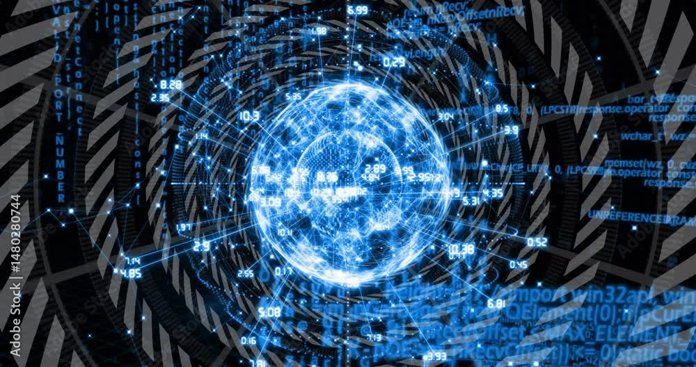 Aufkleber animated blue network globe spinning in dark virtual space, showing data nodes and floating code