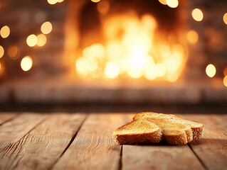 Cozy scene capturing joy with golden brown toast beside warm fireplace, creating comforting atmosphere