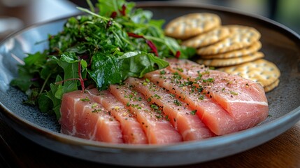 Sliced, pink fish with greens and crackers
