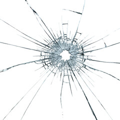 Splintered, broken glass with radiating cracks, a central hole, against a stark black background
