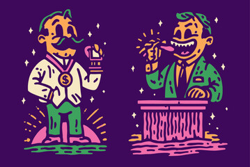 Vintage Style Cartoon Characters with Spotlight and Money Theme
