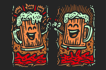 Cheerful Beer Mugs Clinking Together with Foam and Bubbles