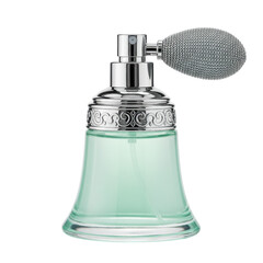 Obraz premium Aqua perfume bottle with silver top and bulb sprayer, against black backdrop