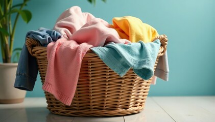 Overfilled woven laundry basket overflowing with clothes , sorting, domestic
