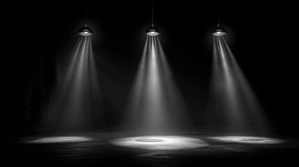 dramatic scene featuring three spotlights illuminating dark space, creating mysterious and captivating atmosphere