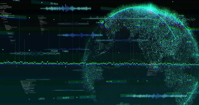 Particle globe rotating in flat design dashboard, with waveform plots, numeric labels, code blocks