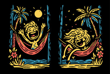 Playful Illustration of Children Enjoying Hammocks Under Tropical Sun