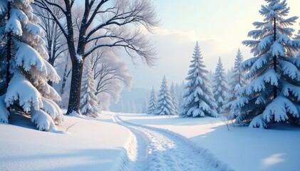 Obraz premium Serene winter landscape, snow covered trees and ground, cold and peaceful atmosphere , calm, forest, trees