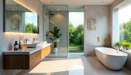 Sleek modern bath, floating vanity, glass shower , apartment, minimalist, design