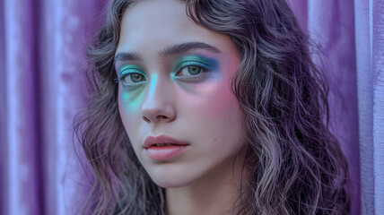 Fototapeta premium Ending up of a woman with dreamy iridescent makeup in green pink and gamy hues 