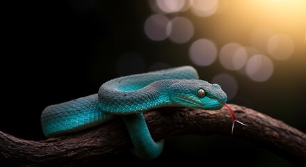 Obraz premium closeup of a vibrant blue viper snake with a forked tongue, perched on a dark brown branch against a black background, strikingly sharp scales and eye detail