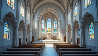 Fototapeta premium Church Interior with Stained Glass Windows