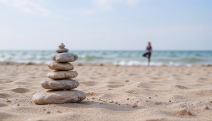 Stacked stones on a beach with a person in the background.