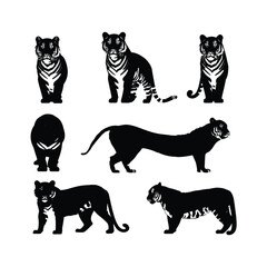 Naklejka premium Tiger Set Silhouette Clipart on a White Background