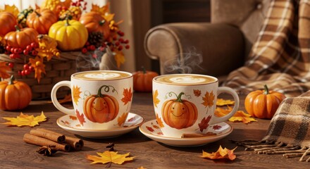 Cozy coffee cups with charming pumpkin illustrations, surrounded by autumn leaves and seasonal decor, perfect for fall-themed postcards