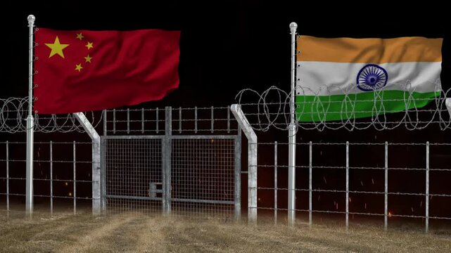 The India and China flags face each other at the border