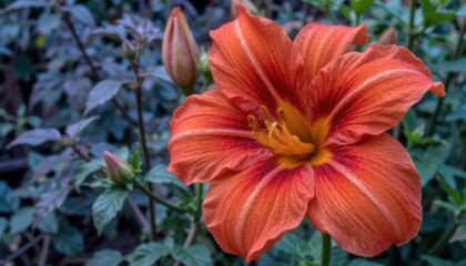 Vibrant hibiscus flower blooming among green foliage.