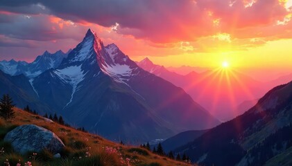 Obraz premium Vibrant sunrise over a majestic mountain range , adventure, tranquil, color