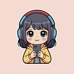 Cute Chibi Girl with Headphones and Smartphone