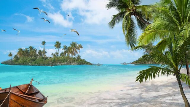 An animation of the sea during the daytime with sunlight shining, birds flying in the bright sky, and waves crashing onto the  beach. There is an island in the middle of the sea,  coconut tree. boat