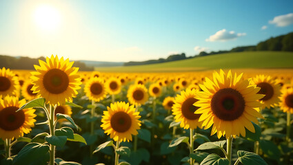 Fototapeta premium A vibrant sunflower field under a bright blue sky with rolling green hills in the background